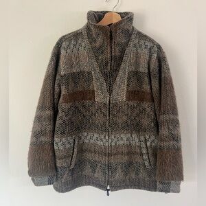 Peruvian Alpaca Fuzzy Full-Zip Brown & Grey Knit Aztec Pattern Sweater Jacket